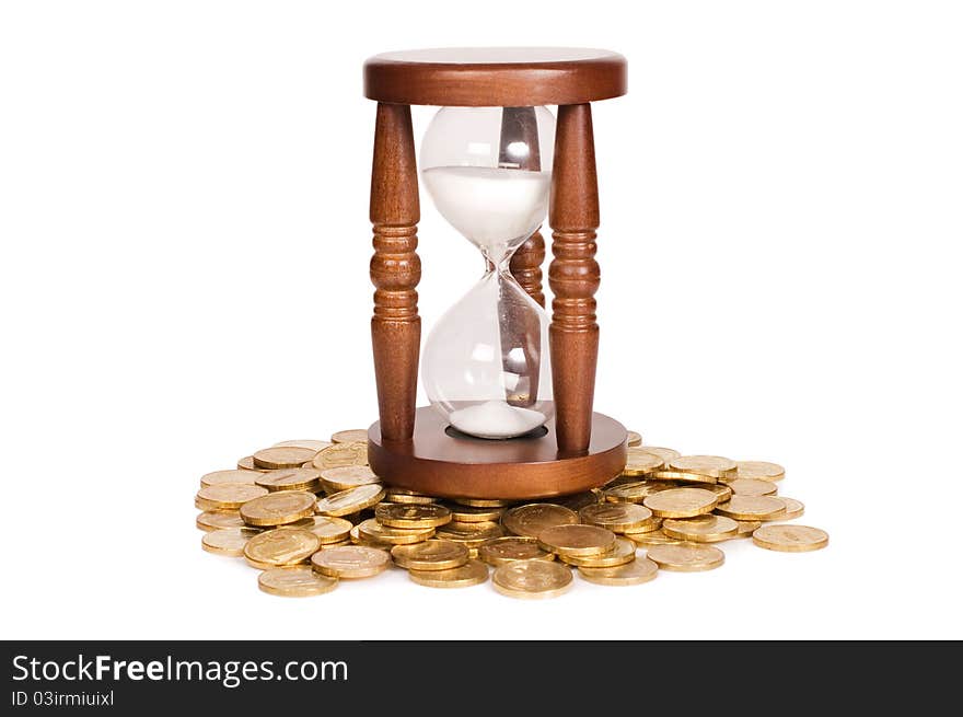 Hourglasses and coin isolated on white background