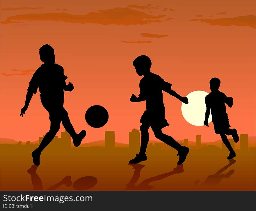 Boys play soccer on sunset, illustratio. Boys play soccer on sunset, illustratio