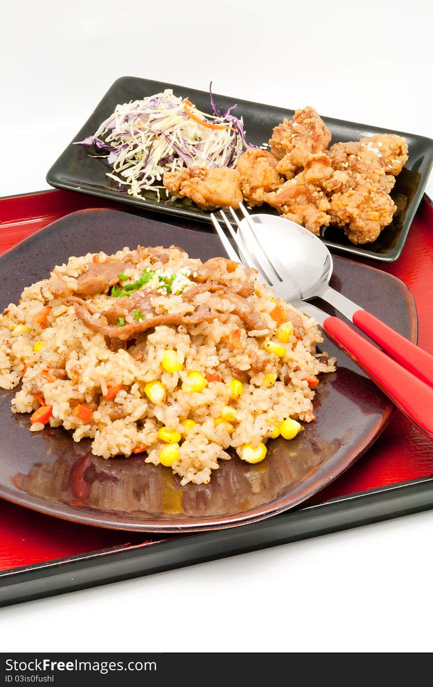 Japanese Cuisine -fried rice Teriyaki pork  on white backgrpund