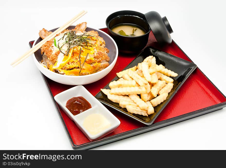 Japanese Cuisine and French fries on whit background