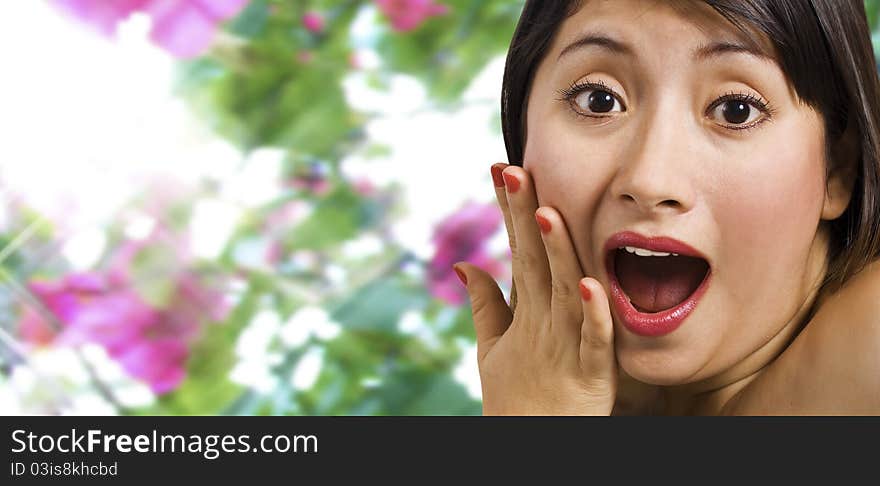 Surprised Young Woman Outdoors In Sparkling Sunlight. Surprised Young Woman Outdoors In Sparkling Sunlight