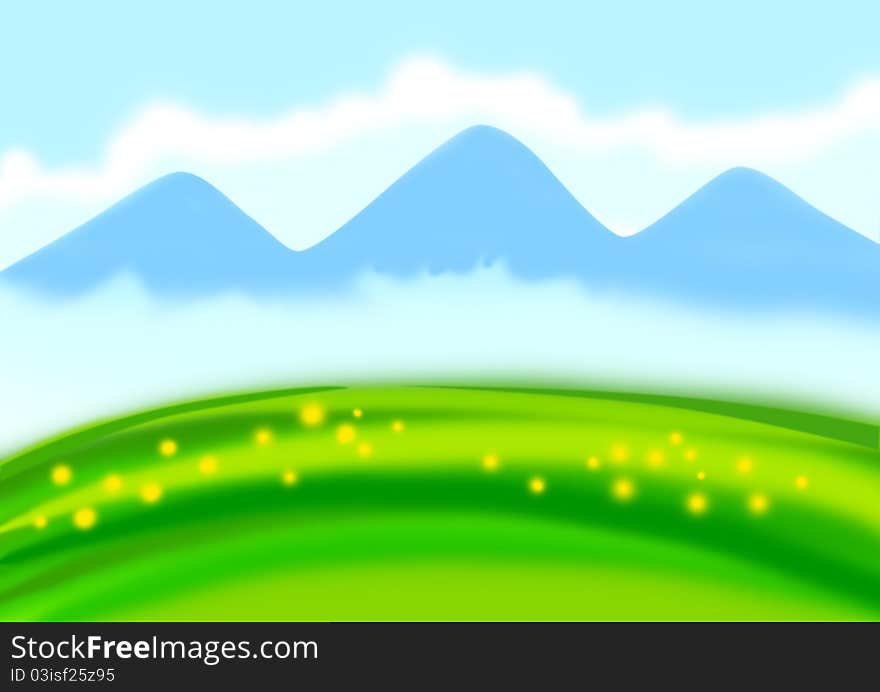 Landscape with green meadow and mountains