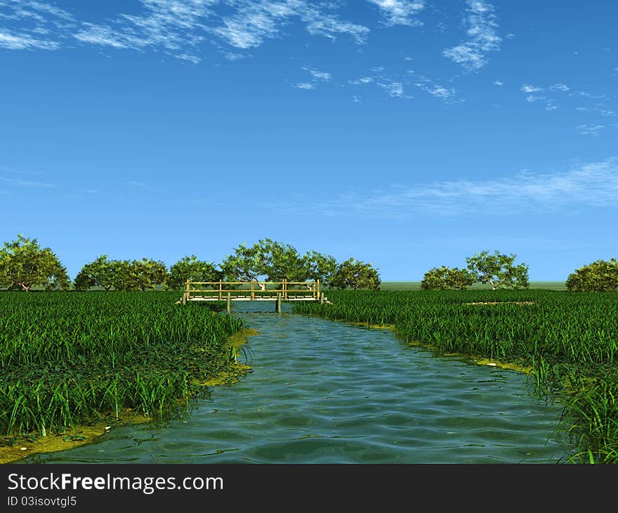 Illustration of a creek with a wooden bridge. Illustration of a creek with a wooden bridge