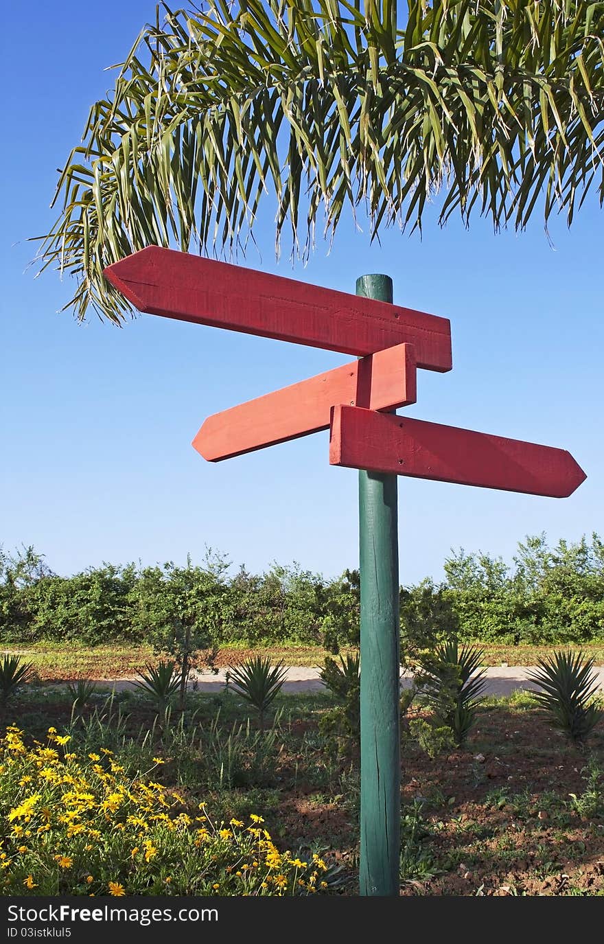 Pole of three directional signs in redwood under a palm leaf and blue sky as background. Pole of three directional signs in redwood under a palm leaf and blue sky as background