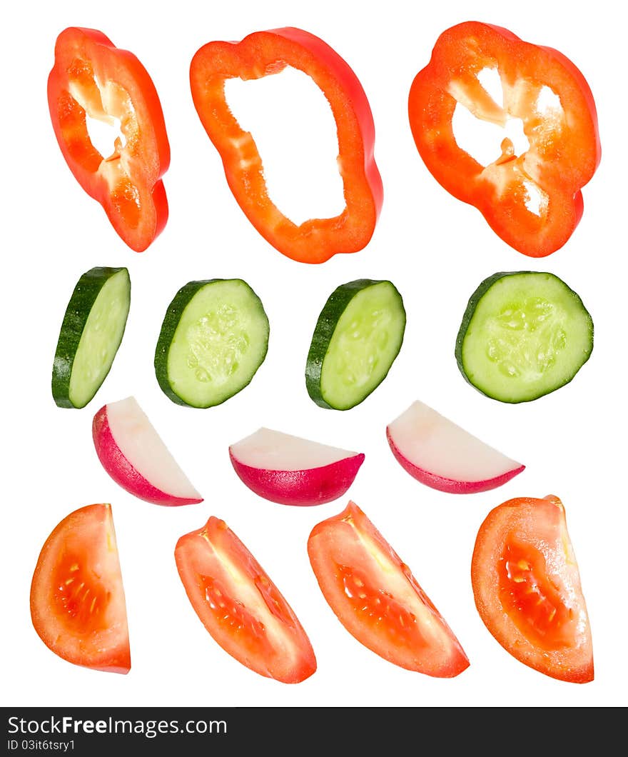 Clipart pepper, cucumber, garden radish, tomato cut from the different foreshortening