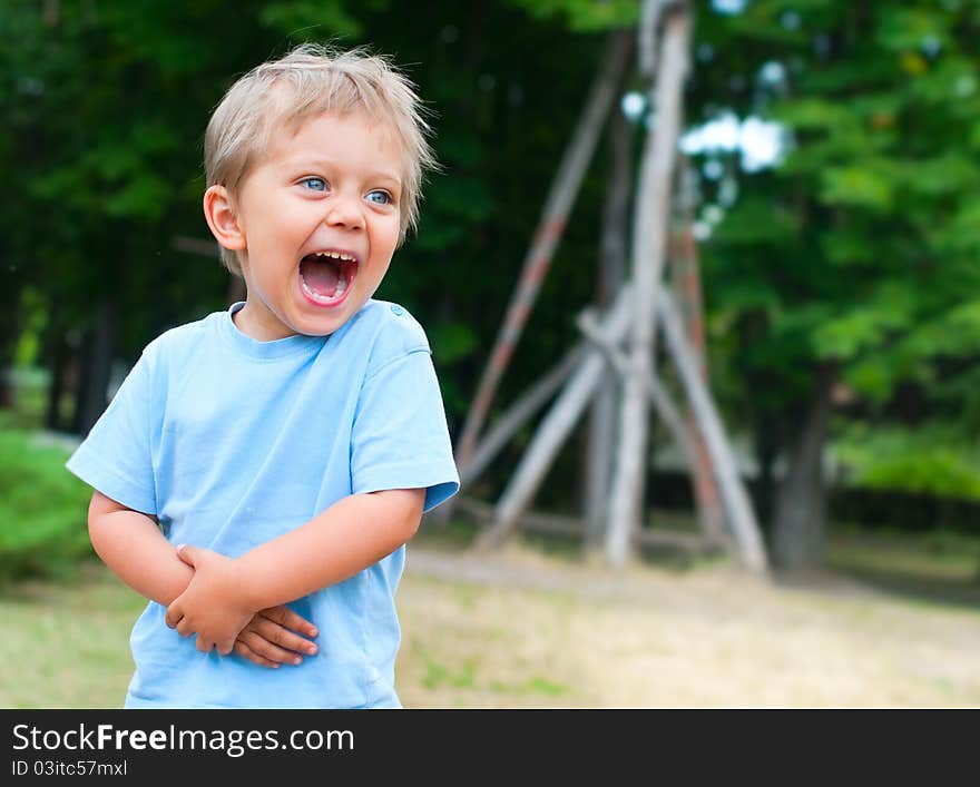 Cute 2 years old boy staing on the footpath in the park. Cute 2 years old boy staing on the footpath in the park