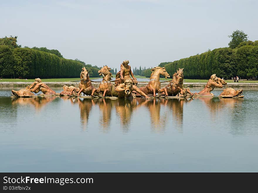 Fountain of Apollo in Garden of Versailles Palace, city Paris, France. The Palace Versilles is a royal chateau, It was added to the UNESCO list of World Heritage Sites in 1979.