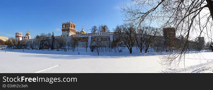 Winter panorama of Novodevichiy monastery in Moscow. Russia