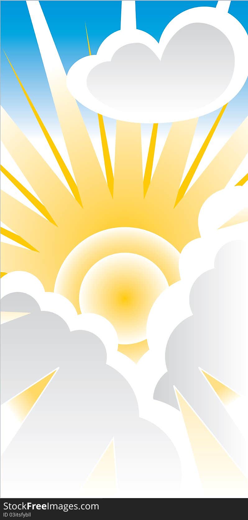 Llustration of vivid yellow sun with elongated rays breaking through clouds on blue sky background. Llustration of vivid yellow sun with elongated rays breaking through clouds on blue sky background