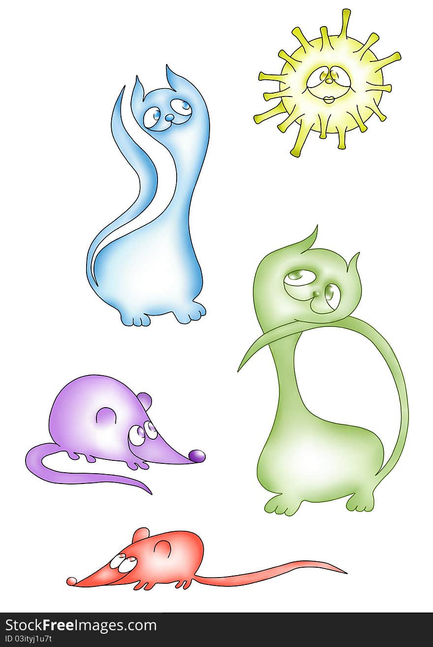 Blue and green cats, purple and red mouse, the sun. Blue and green cats, purple and red mouse, the sun