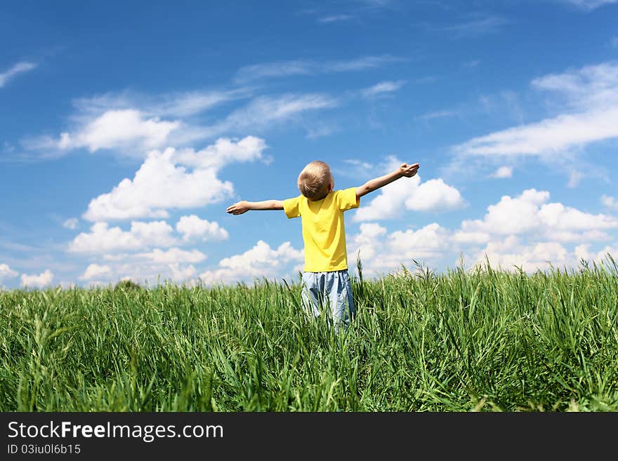 Little boy outdoors in sunny summer day