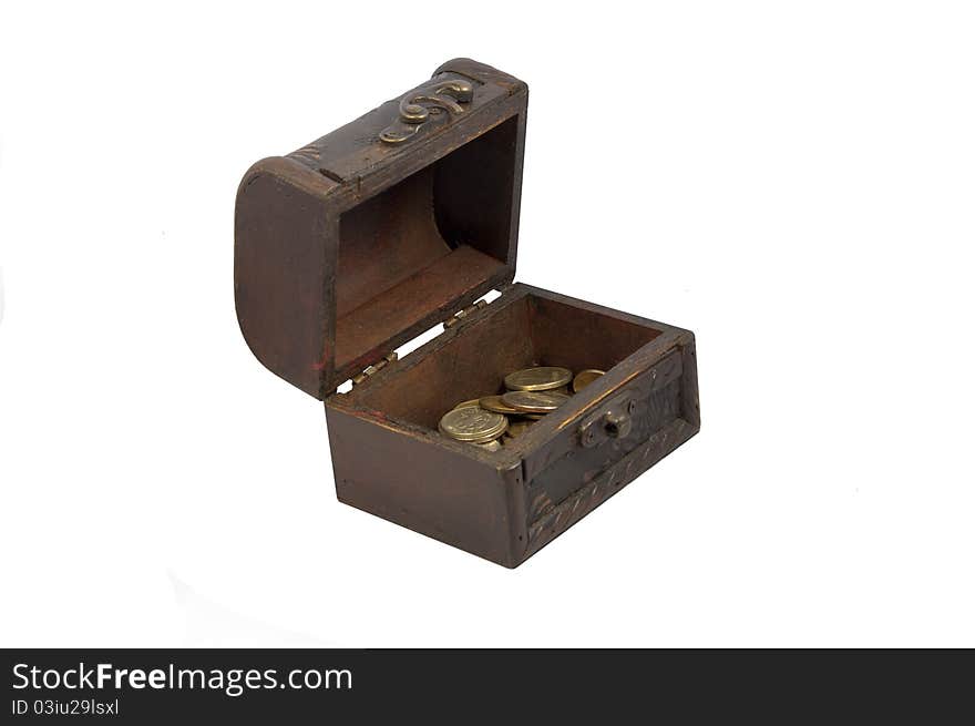 Ancient trunk with brass loops half filled with coins. Ancient trunk with brass loops half filled with coins