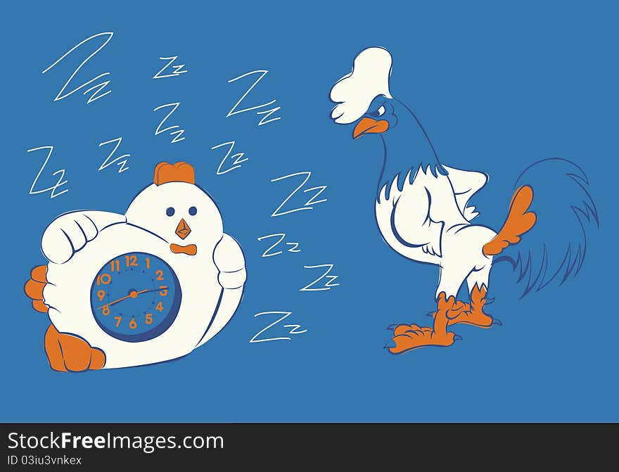 Chicken and alarm clock in blue color