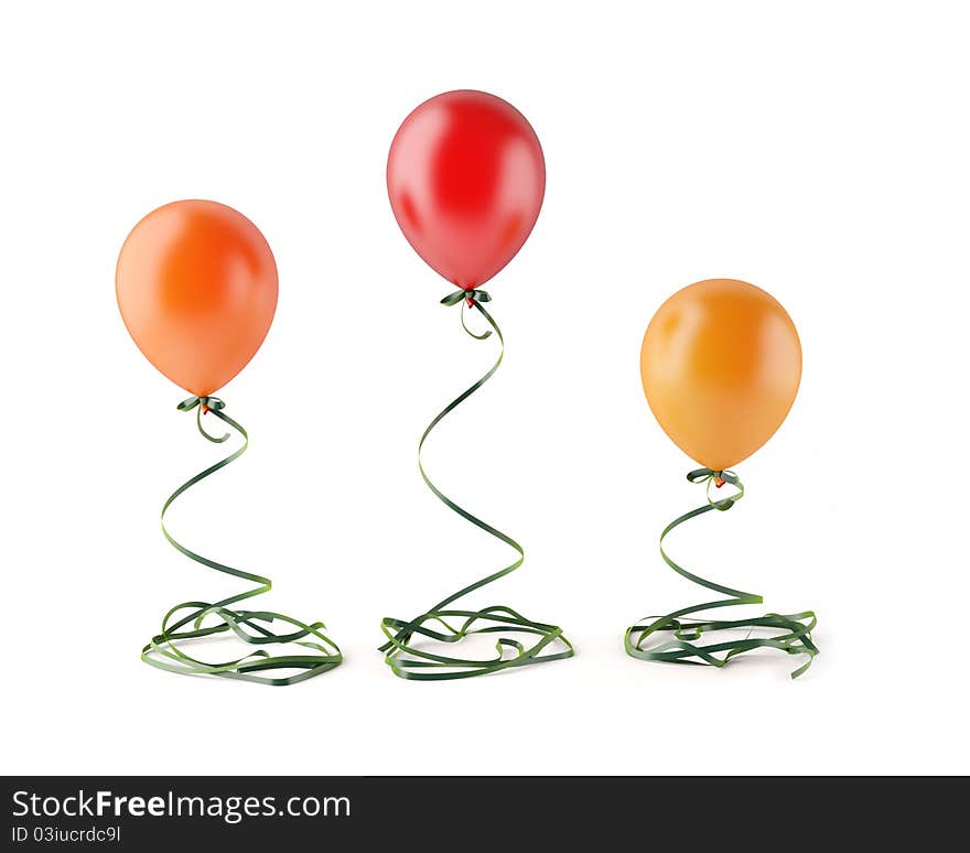 Three balloons binded with green ribbons. isolated on white