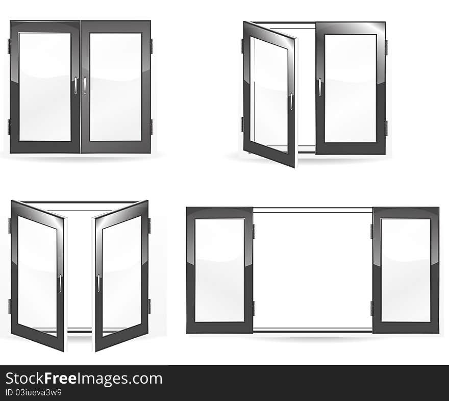 Set of open and close black windows isolated on white