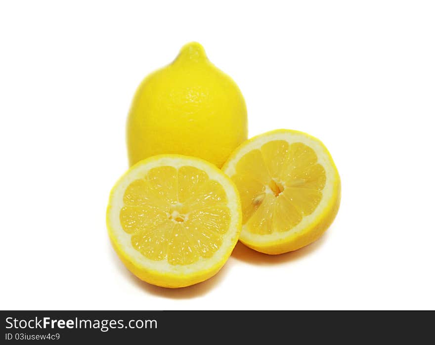 Fresh juicy lemons close up isolated on white