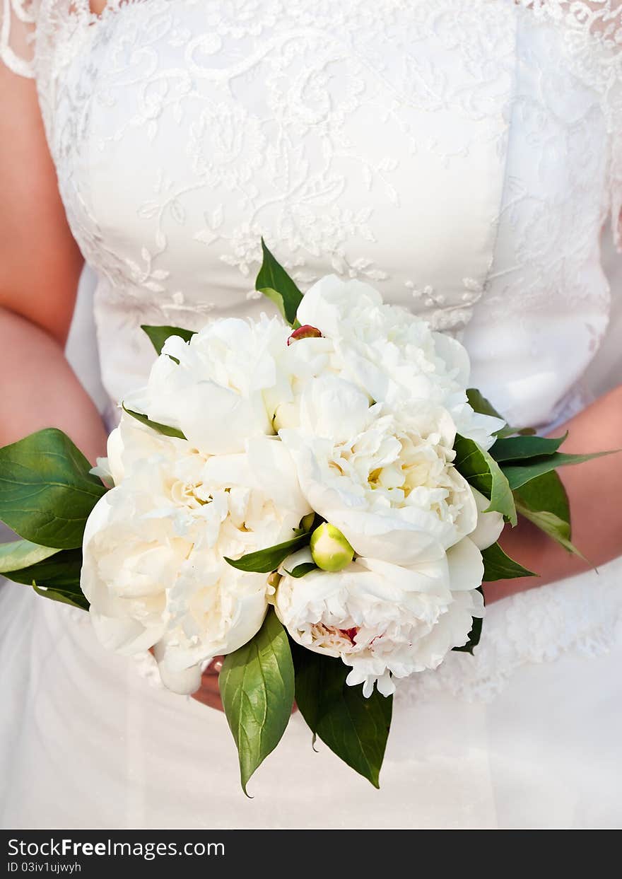 Close-up of bride holding white Paeonia bouquet. Close-up of bride holding white Paeonia bouquet