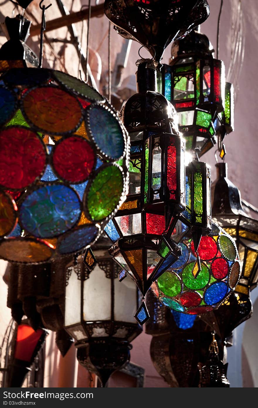 Stained glass lamp hanging in Marrakesh. Stained glass lamp hanging in Marrakesh