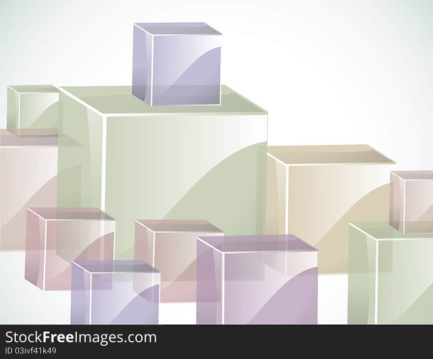 Coloured glass cubes in green, blue, pink and beige on a white background. Coloured glass cubes in green, blue, pink and beige on a white background