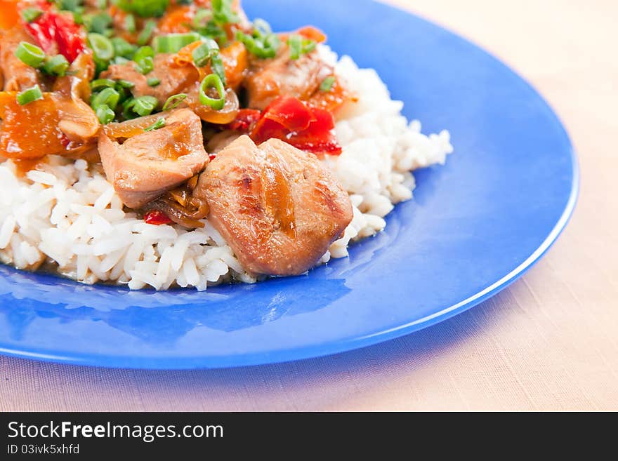 Grilled meat with vegetables and rice