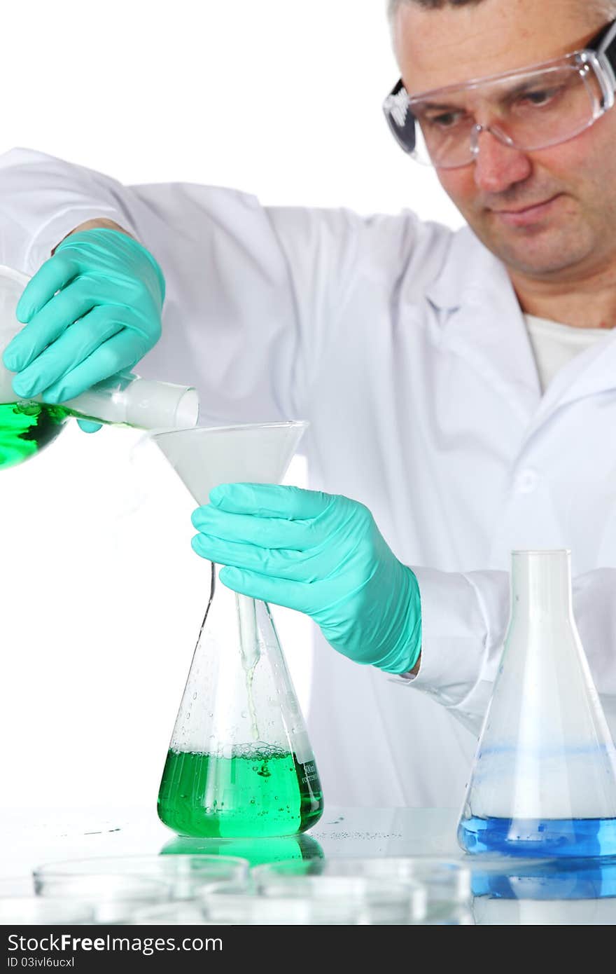 Chemistry Scientist conducting experiments on white background