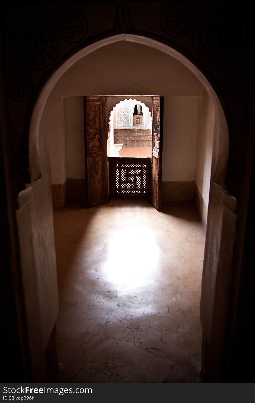 The view of one of the prayer cells on the first floow of the Medersa Ben Youssef, the beautiful Quran School located in the heart of Marrakesh, Morocco. The view of one of the prayer cells on the first floow of the Medersa Ben Youssef, the beautiful Quran School located in the heart of Marrakesh, Morocco