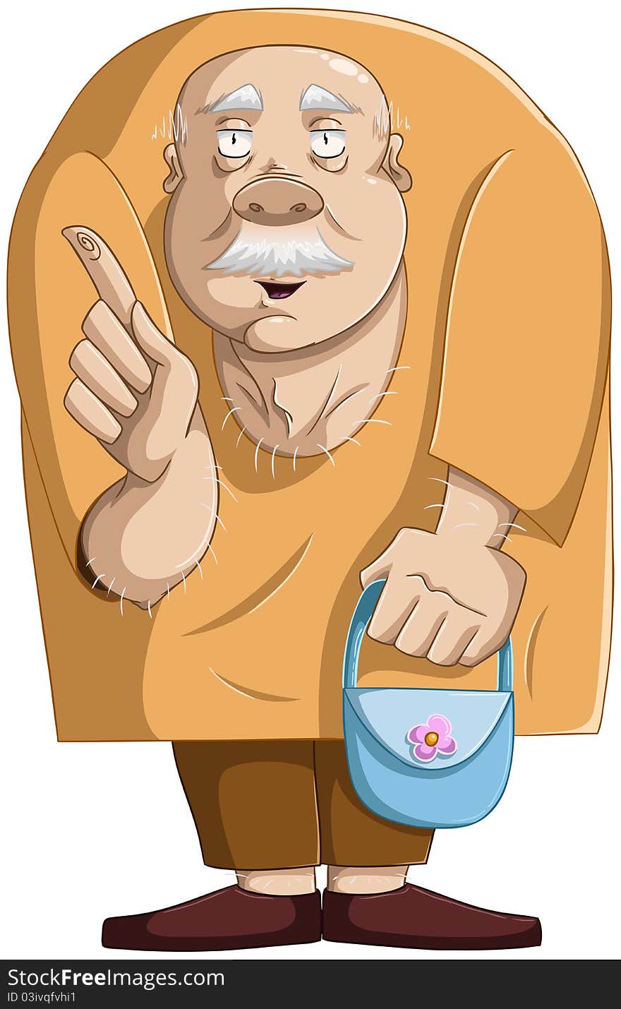 A illustration of a nice old man standing, holding a blue purse and pointing with his finger to ask a question. A illustration of a nice old man standing, holding a blue purse and pointing with his finger to ask a question.