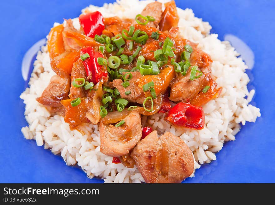 Grilled meat with vegetables and rice