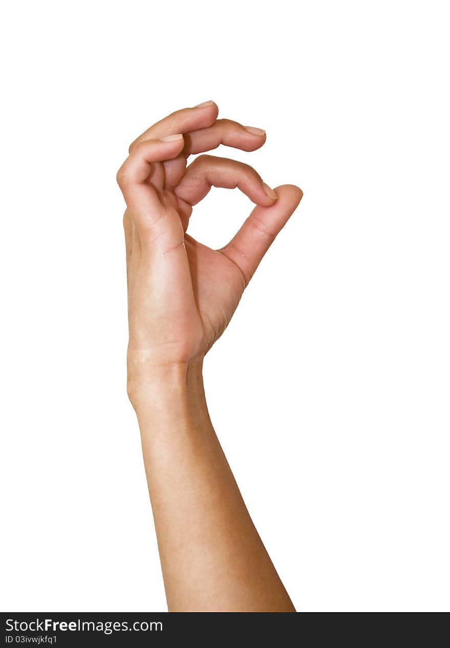 Human hand on white background. Fingers are folded in the shape of Ok