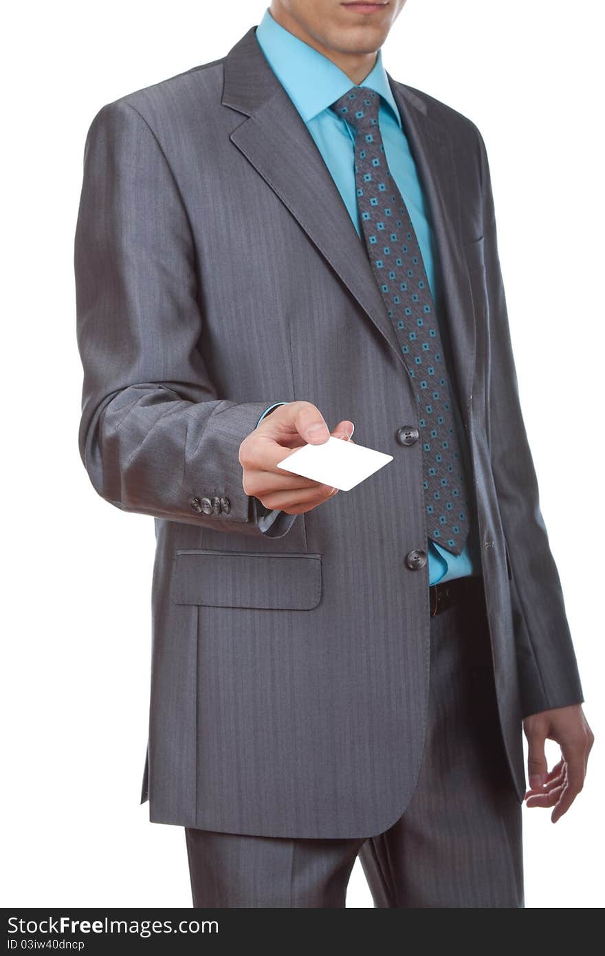 Business man handing a blank business card over white background. Business man handing a blank business card over white background