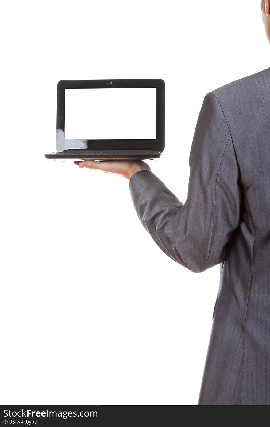 Close-up of business man presenting laptop isolated on white background with isolated screen. Close-up of business man presenting laptop isolated on white background with isolated screen