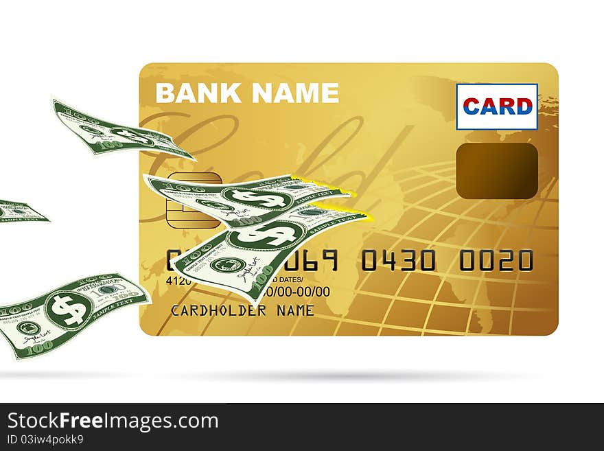 Illustration of dollar coming out from credit card on white background. Illustration of dollar coming out from credit card on white background