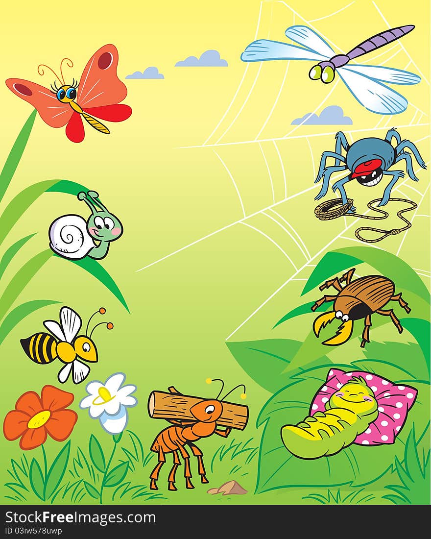 Funny cartoon insects on a background of green grass and flowers. Funny cartoon insects on a background of green grass and flowers