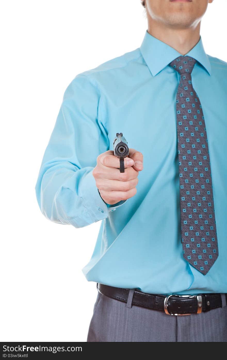 Businessman aiming with handgun, isolated on white. Businessman aiming with handgun, isolated on white