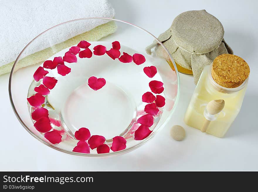 SPA accessories & rose petals (white background). SPA accessories & rose petals (white background)