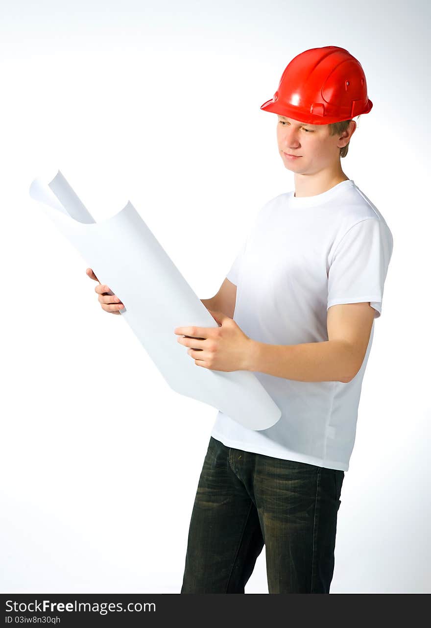 Portrait of a builder on a white background