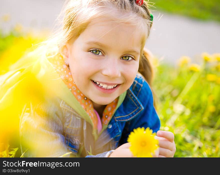 Cute Little Girl  On The Meadow