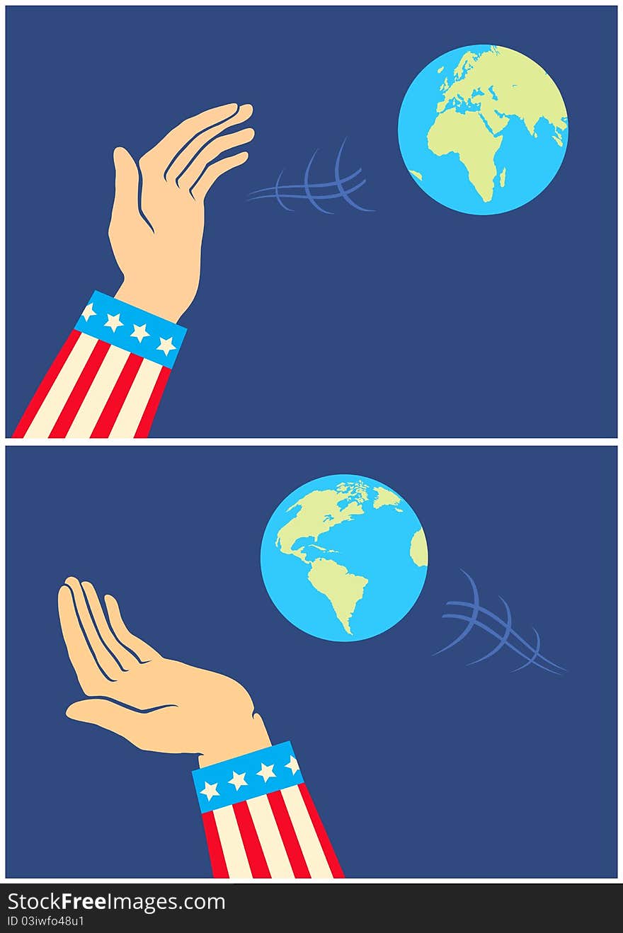 Two illustrations of hands and the Earth