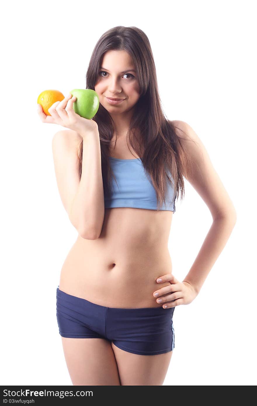 Young woman hold apple and orange. Isolated