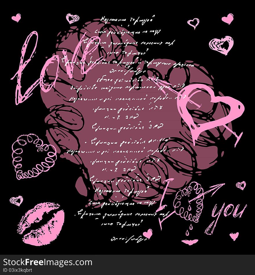 The valentine's day. Love heart. Hand-drawn vector icons. Background letter pink. The valentine's day. Love heart. Hand-drawn vector icons. Background letter pink