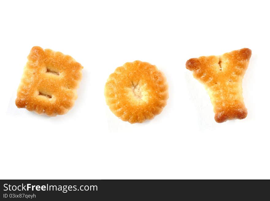 Biscuits letters. Words BOY isolated on the white background