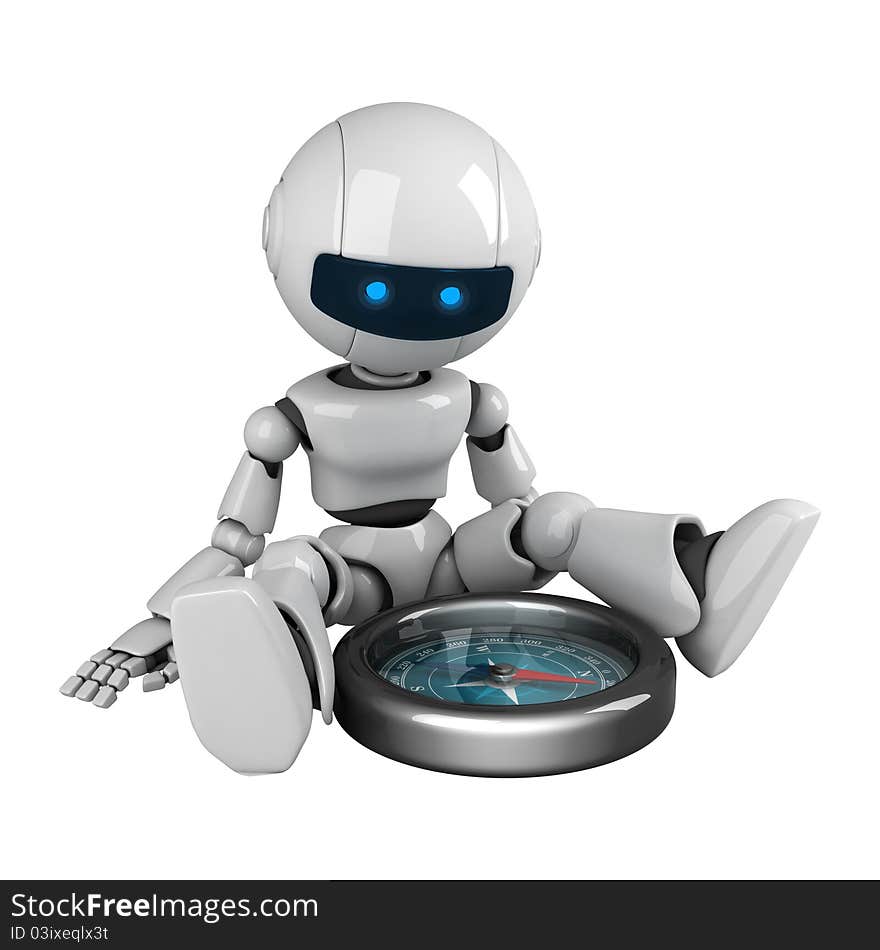 Funny white robot sit with silver compass. Funny white robot sit with silver compass