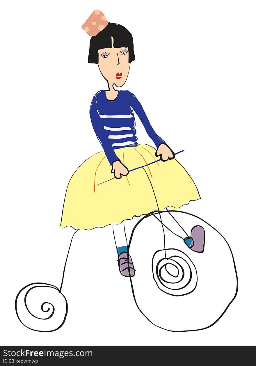 A funny girl cycling illustration