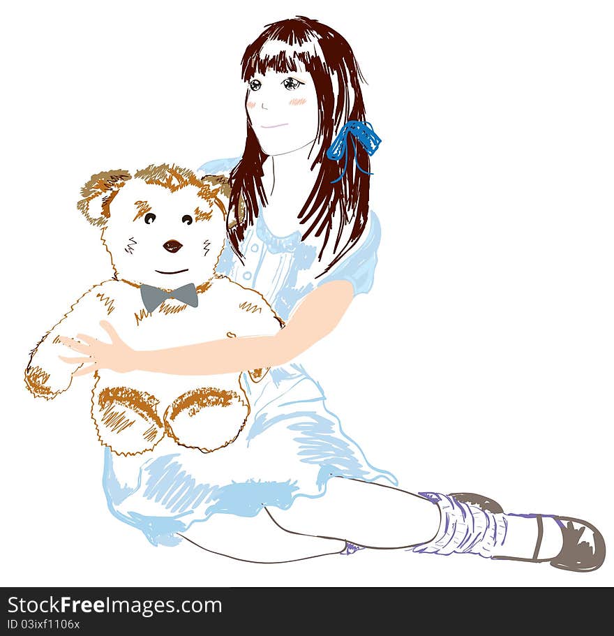 Illustration of a girl holding a teddy bear. Illustration of a girl holding a teddy bear