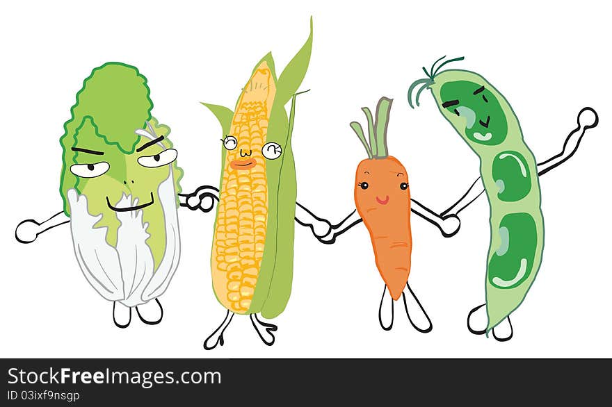 Illustration of cabbage,corn,carrot,bean hold hands, graphic. Illustration of cabbage,corn,carrot,bean hold hands, graphic