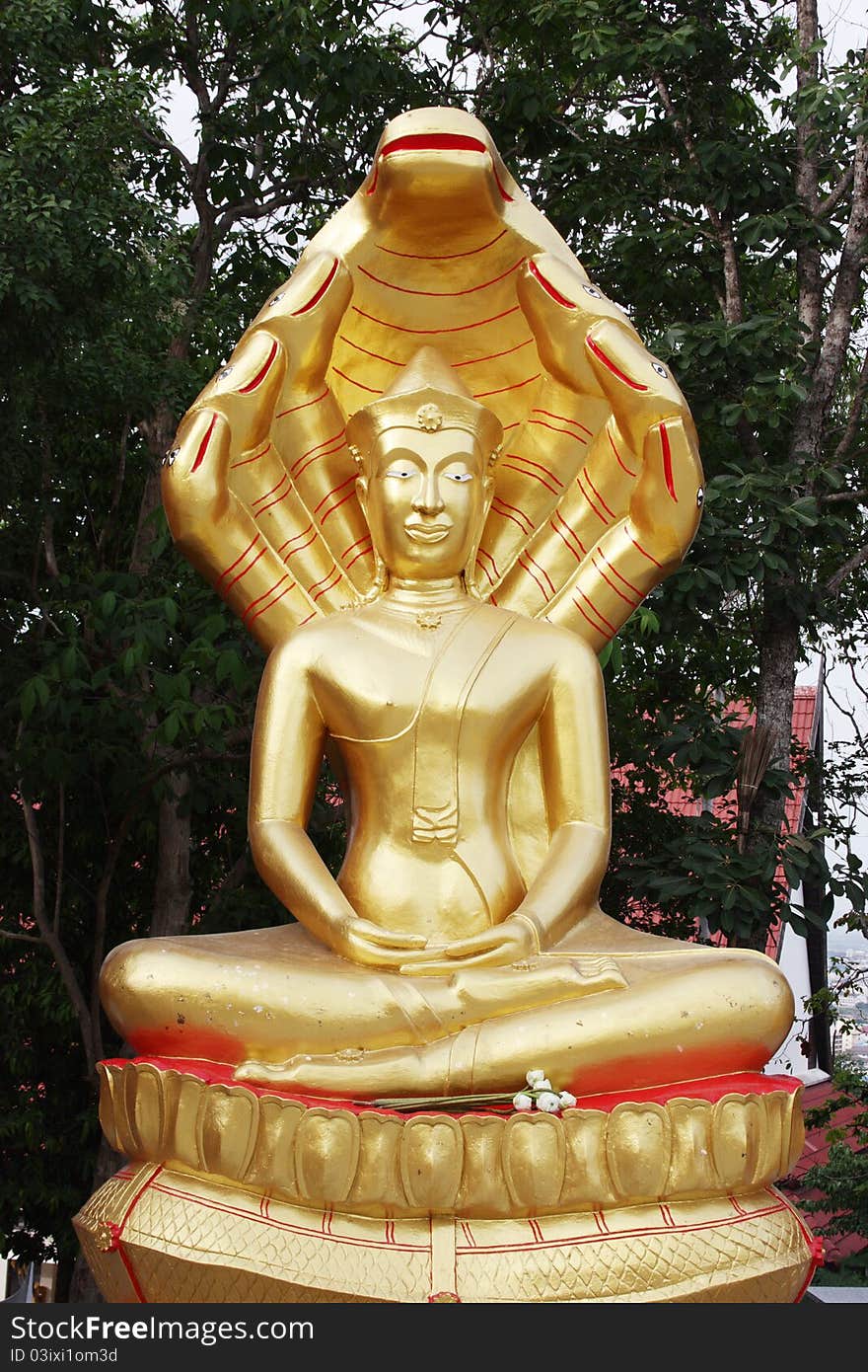 Sitting Buddha with snake shelter at a Wat in Pattaya, Thailand