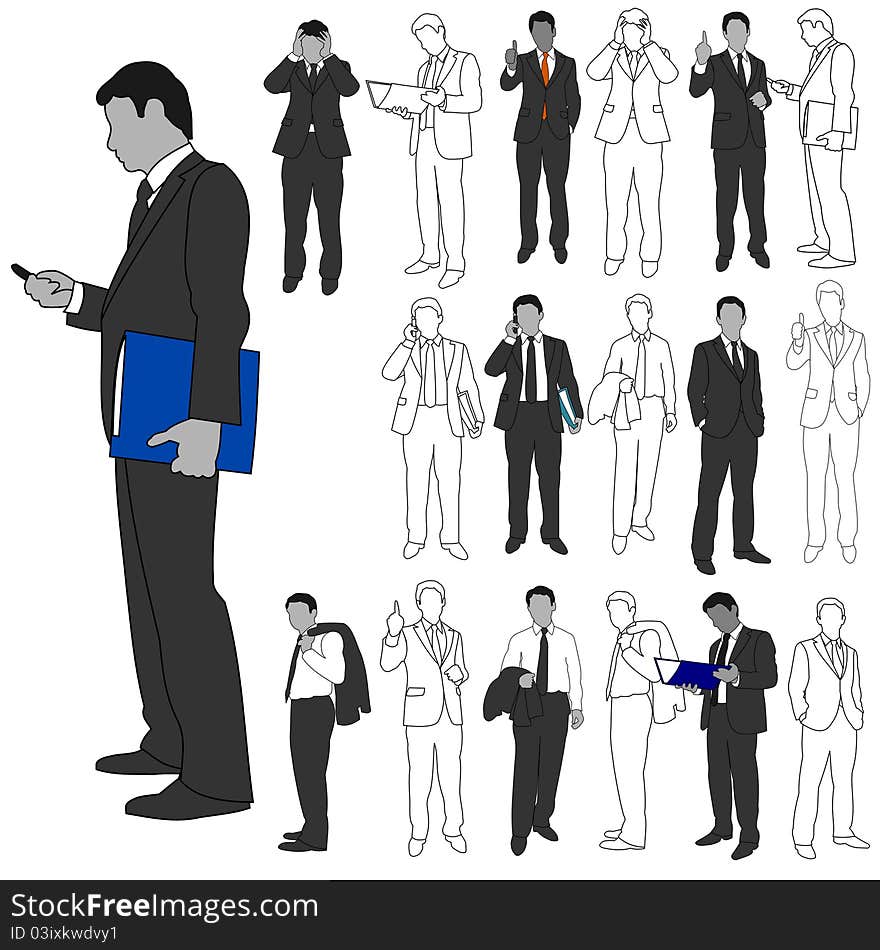 Set of business men illustrations in line drawings and monotones. Set of business men illustrations in line drawings and monotones