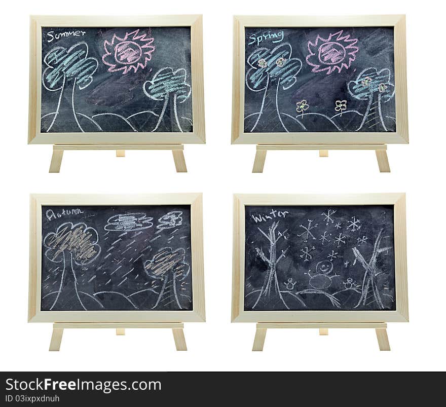 Collection of four season free drawinw on chalkboard or blackboard suitable for education and kid learning. Collection of four season free drawinw on chalkboard or blackboard suitable for education and kid learning