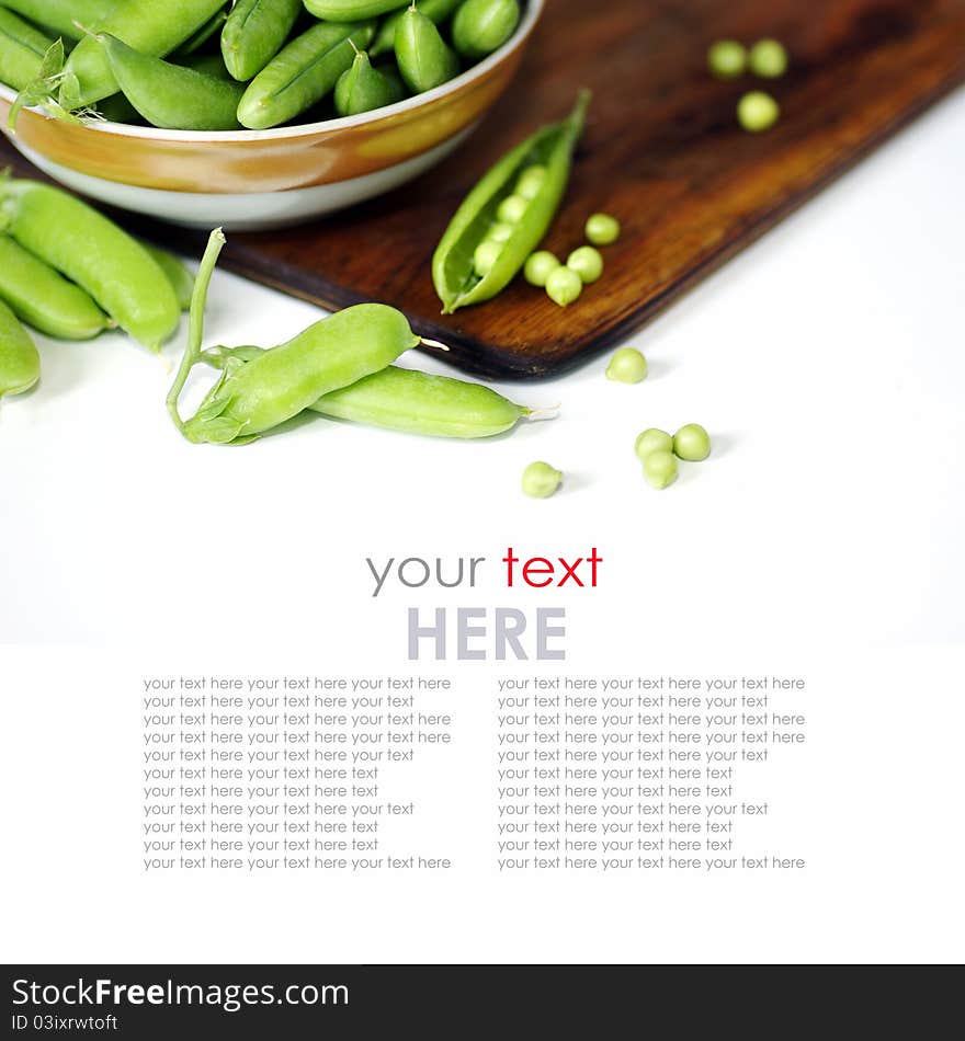 Fresh green peas isolated on white background