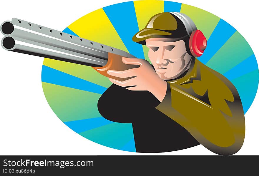 Illustration of a hunter aiming shotgun rifle gun done in retro style on isolated background